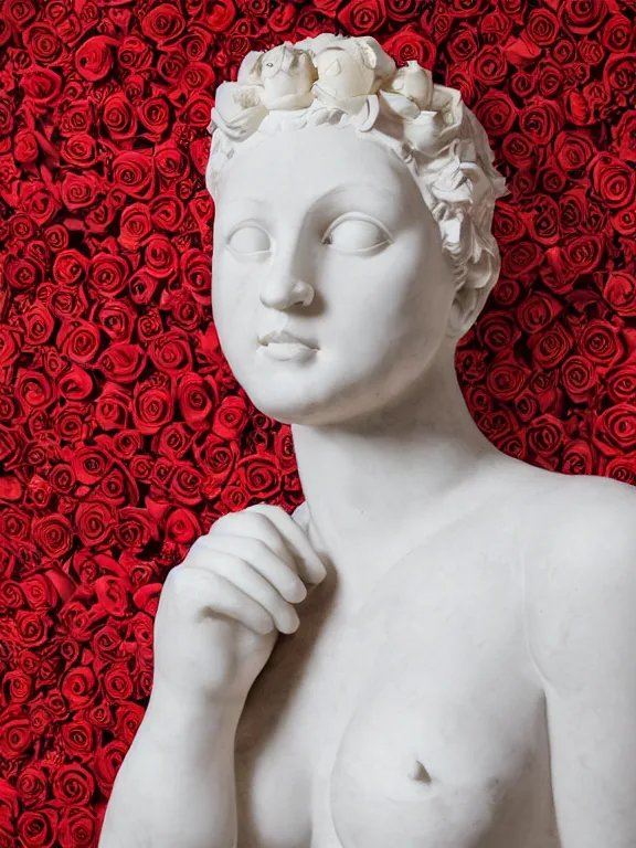 Image similar to portrait art venus of milo sculpture made of white marble, concept art, red roses exploding from her heart, volumetric lighting, hyperrealistic, focused, extreme details, masterpiece, fine details