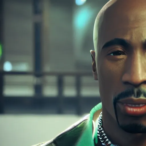 Prompt: a videogame still of Tupac Shakur in Tekken 7, 40mm lens, shallow depth of field, split lighting