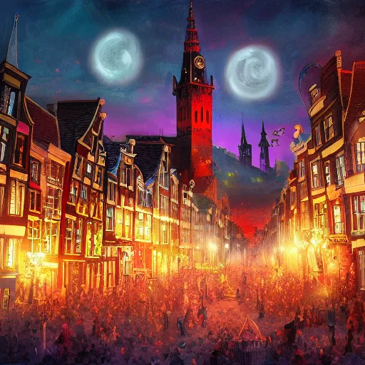 Image similar to A bustling magical town with witches and black cats dancing around a colorful music festival in its center, inspired by Victorian England and Amsterdam, highly detailed, digital painting, artstation, concept art, matte painting