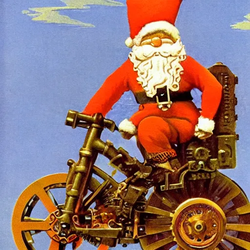 Prompt: steampunk orange mohawk Streetfighter Gnome Santa riding an intricate clockwork gearwork automaton golem vehicle traveling stamp postcard winslow homer craig j. spearing thomas eakins