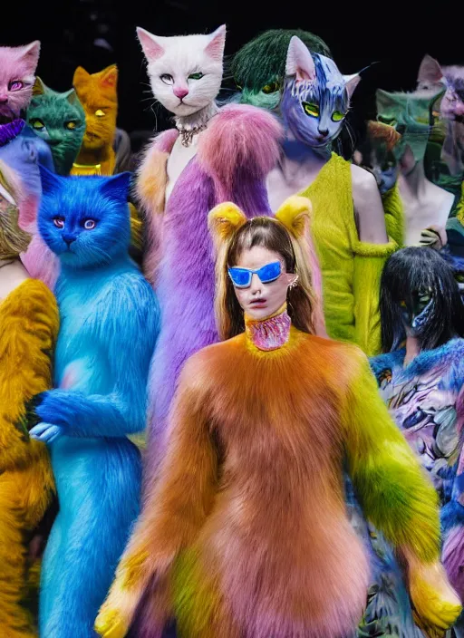 Image similar to hyperrealistic and heavy detailed balenciaga runway show of show of cats by lisa frank, leica sl 2 5 0 mm, vivid color, high quality, high textured, real life