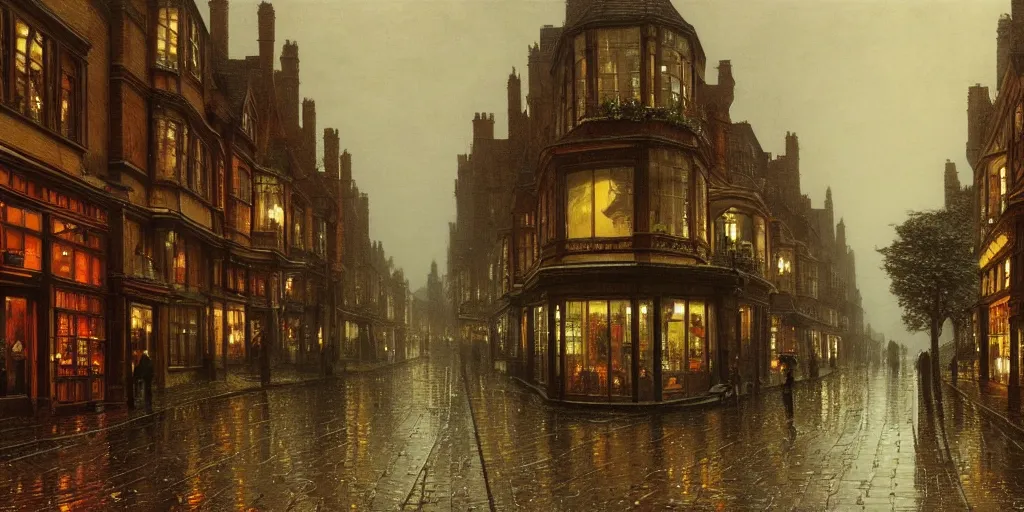 Image similar to Victorian city street lined with trees with front view of shops on a rainy day in London, evening, low angle view, detailed matte painting, cinematic, John Atkinson Grimshaw, Artstation