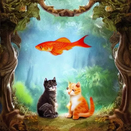 Prompt: two kittens in the enchanted forest watching the goldfish in the stream, fantasy, intricate, d & d, matte