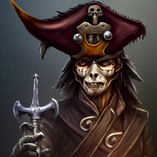 Image similar to Undead pirate captain wielding a sandstone rapier and sandstone dagger, weapons made of sandstone, he wears a hat with an impressive feather and with a brutal scar across his scarred neck, DnD character art portrait, Dark magic, necromancy, dark lighting, flux. High fantasy, digital painting, HD, 4k