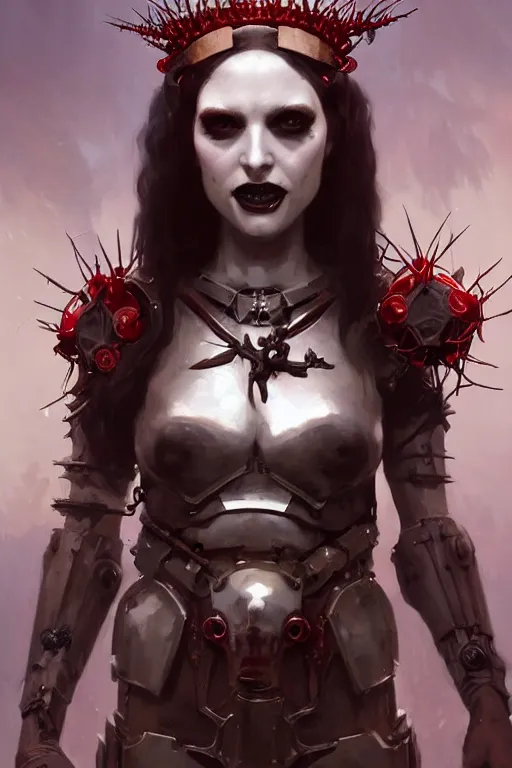 Image similar to Portrait of beautiful pale laughing cyborg goth maiden in bikini armor with crown of thorns and glowing red eyes, steampunc, Warhammer 40000, digital art from artstation by Ruan Jia and Mandy Jurgens and Artgerm and william-adolphe bouguereau