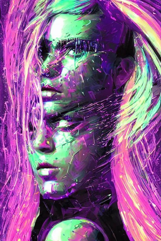 Prompt: portrait, headshot, digital painting, an beautiful, crazy techno - shaman lady, wink, synthwave, glittery reaction diffusion pattern, glitch, glassy fracture, realistic, hyperdetailed, dripping, prismatic, chiaroscuro, concept art, art by syd mead
