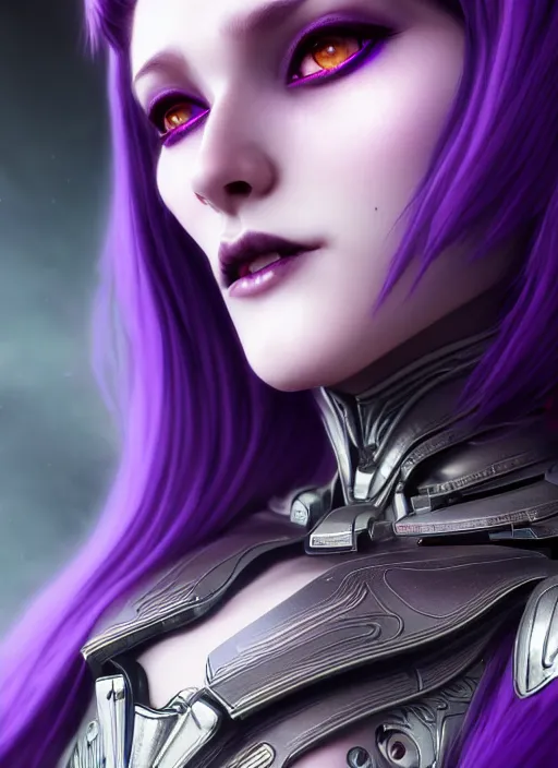 Prompt: a photorealistic detailed image of a beautiful stoic vampire in sci - fi bionic armor with purple hair, detailed, intricate, elegant, highly detailed, digital painting, artstation, concept art, smooth, sharp focus, illustration, art by hana yata, artem demura, alphonse mucha, octane render, unreal engine, 8 k