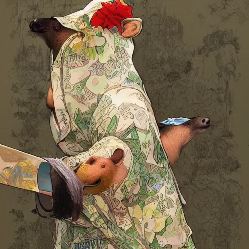 Image similar to anthropomorphic capybara in kimono, highly detailed, digital painting, artstation, concept art, smooth, sharp focus, illustration, art by artgerm and greg rutkowski and alphonse mucha