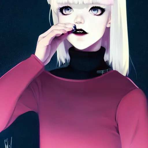 Image similar to a beautiful slim shy blonde goth girl ignores you, art by ilya kuvshinov and lois van baarle and ross tran and range murata and artgerm and andy warhol, norman rockwell, digital art, highly detailed, profile picture, intricate, sharp focus, mystical trending on artstation hq, deviantart, pinterest, unreal engine 5, 4 k uhd image