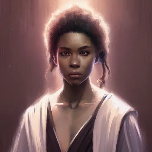 Image similar to portrait of a woman by greg rutkowski, young jedi knight, black, afro hair, pretty, star wars expanded universe, she is about 2 0 years old, wearing jedi robes, highly detailed portrait, digital painting, artstation, concept art, smooth, sharp foccus ilustration, artstation hq