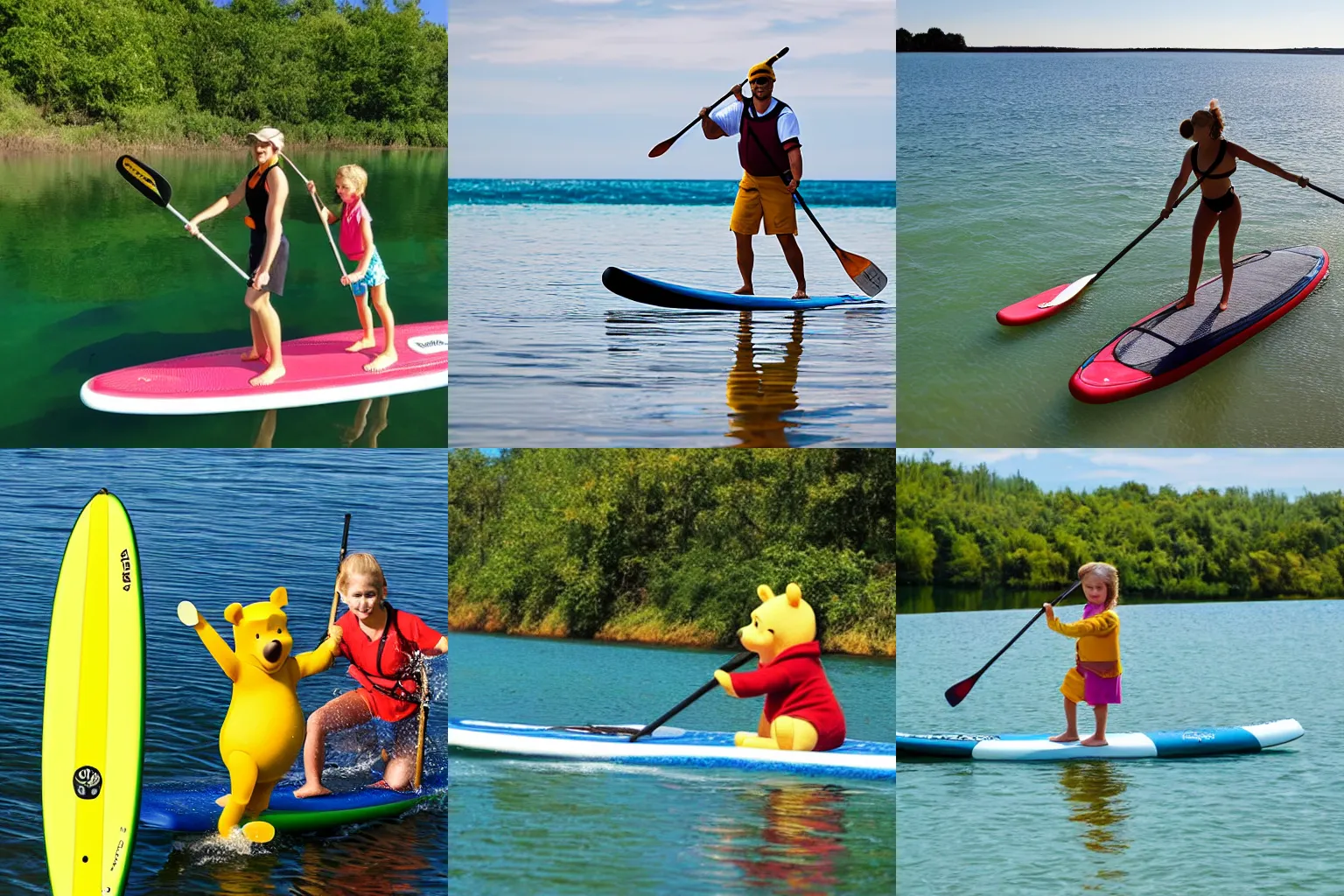 Prompt: winnie the pooh paddleboarding