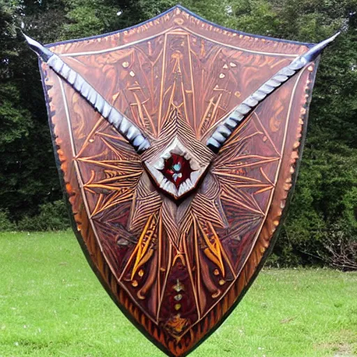 Image similar to impressive teardrop kite shield, made from hardwood A true work of mastery, as this shield was forged by summit dwarves in a storm workshop. The shield's edges are emblazoned with a thick metal lining and have been decorated with intricate metalwork. Its centre is garnished with symmetrical paintwork and zealous texts. It's clear this shield has been through numerous battles. Holes and cracks made by who knows what leave visible reminders of victory and loss, but one this is for sure: death will have to wait a little while longer.