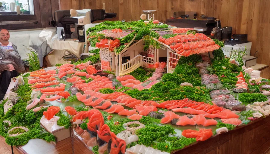 Prompt: a Barndominiums house made of sushi, 4k photography award winning,