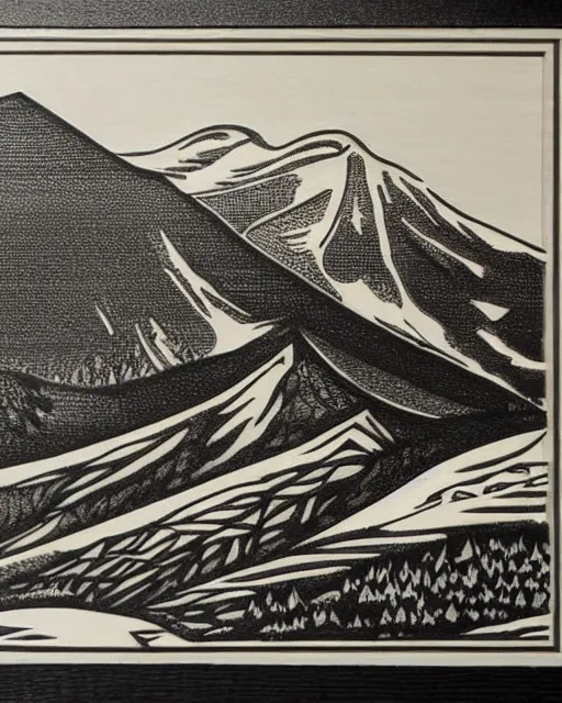 Image similar to an award winning Wood engraving on paper of The Canadian mountains