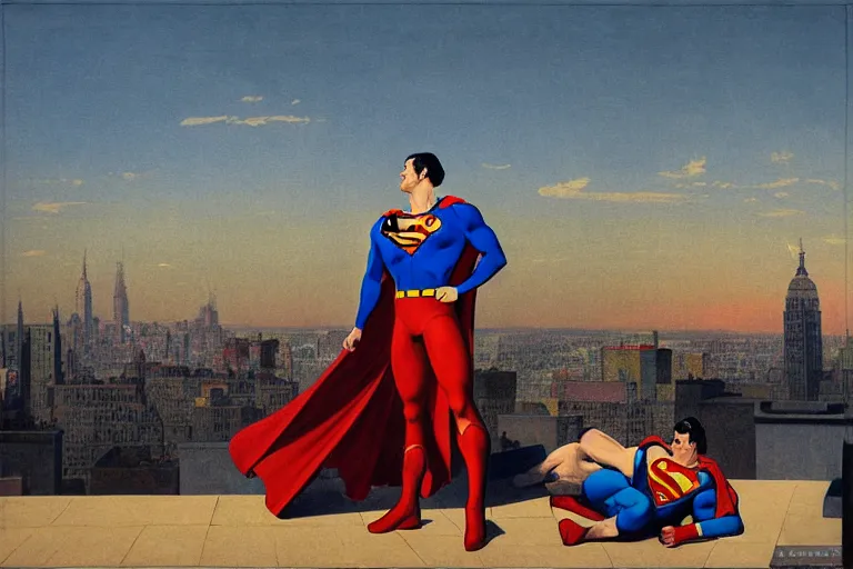 Image similar to painting of superman, in a rooftop, watching new york, beautiful, sunset, romantic, by ludwig deutsch and maxfield parrish, patterned tilework, extremely detailed, cinematic lighting, smooth sharp focus