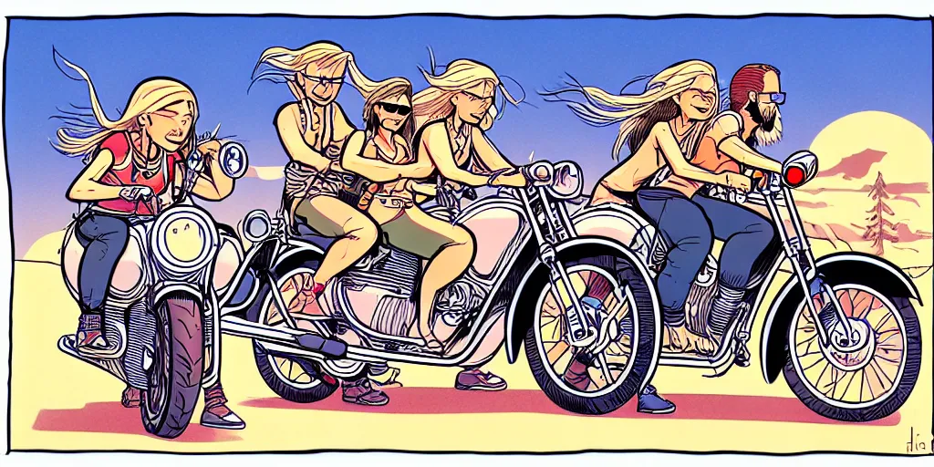 Image similar to four people riding on motorcycles in finland, summer, cartoon, moebius style, hyper - detailed