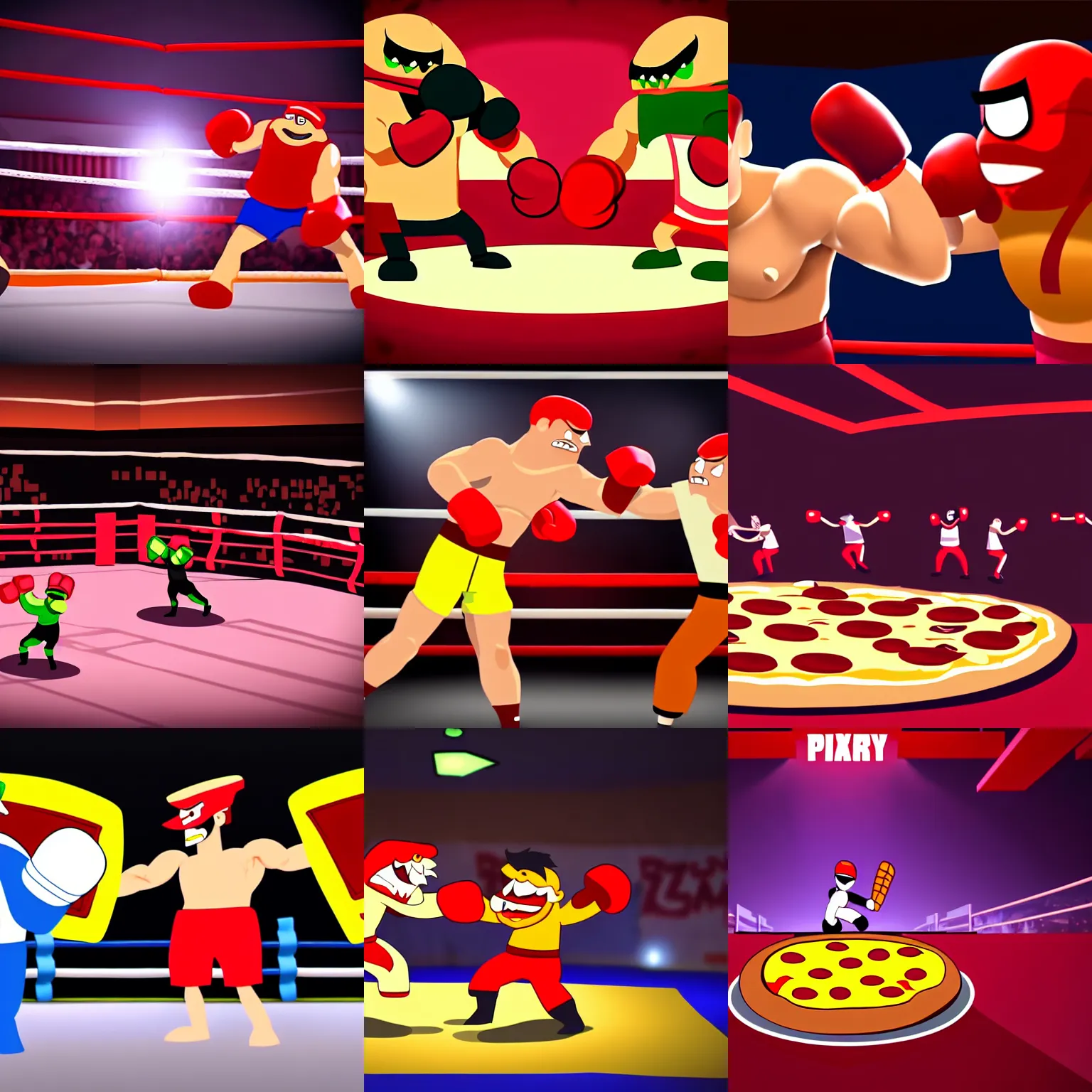 Prompt: angry pizza fighting in a boxing ring, animated, lights, cinematic, realistic