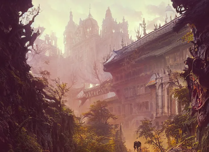 Image similar to highly detailed leipzig, undead land, stephen bliss, unreal engine, wuxia art by greg rutkowski, loish, rhads, ferdinand knab, makoto shinkai and lois van baarle, ilya kuvshinov, rossdraws, tom bagshaw, alphonse mucha, global illumination, radiant light, detailed and intricate environment