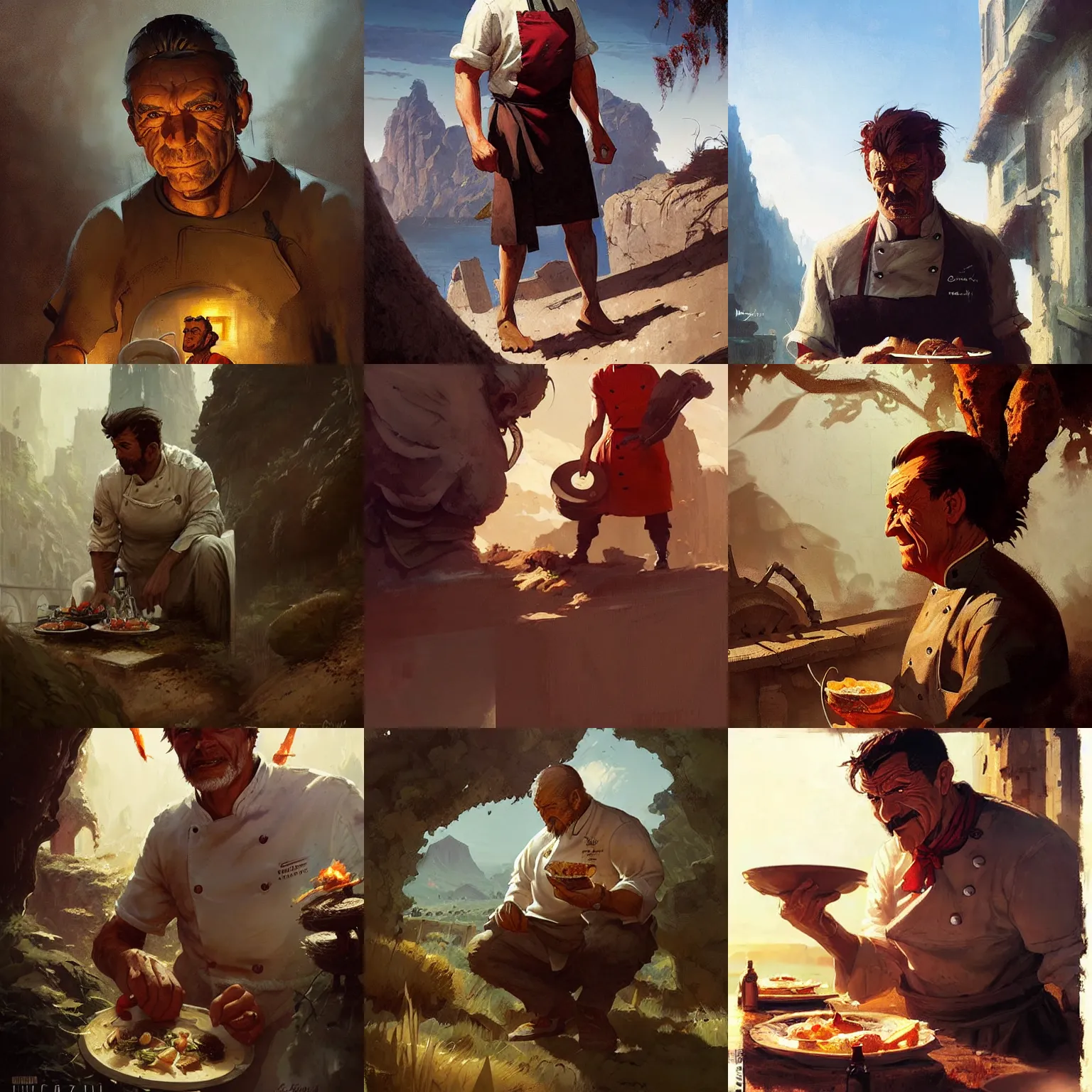 Prompt: a portrait of a chef character in a scenic environment by marco bucci and greg rutkowski and frank frazetta, sharp focus, detailed, cinematic