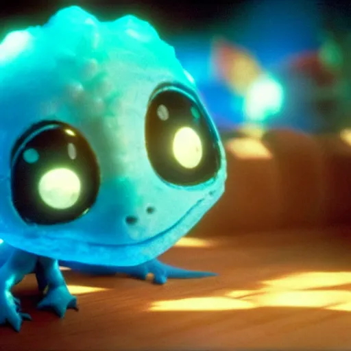 Image similar to cute smiling pixar and chibi style electric blue scaled glowing baby dinosaurs in tron movie, cinestill