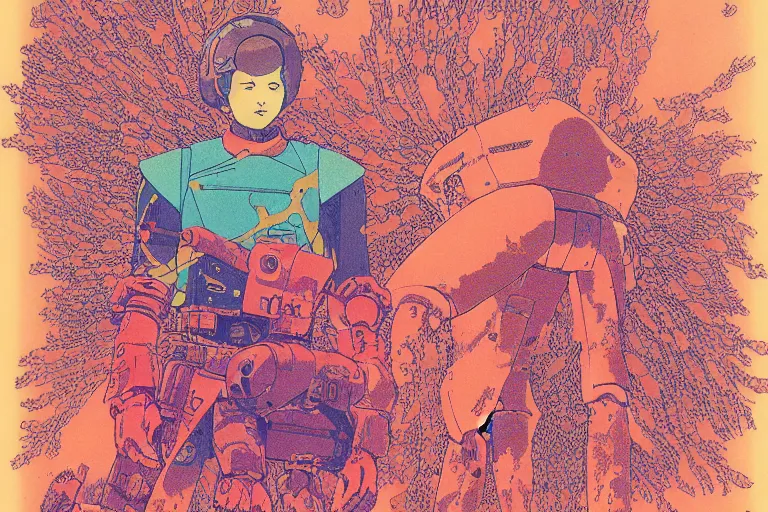 Prompt: risograph grainy drawing vintage sci - fi, satoshi kon color palette, gigantic gundam full - body covered in dead coral reef, 1 9 8 0, kodachrome, natural colors, codex seraphinianus painting by moebius and satoshi kon and dirk dzimirsky close - up portrait