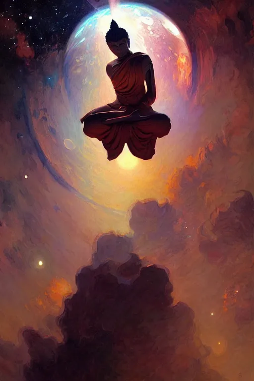 Image similar to space, buddhism, painting by greg rutkowski, artgerm, claude monet, j. c. leyendecker