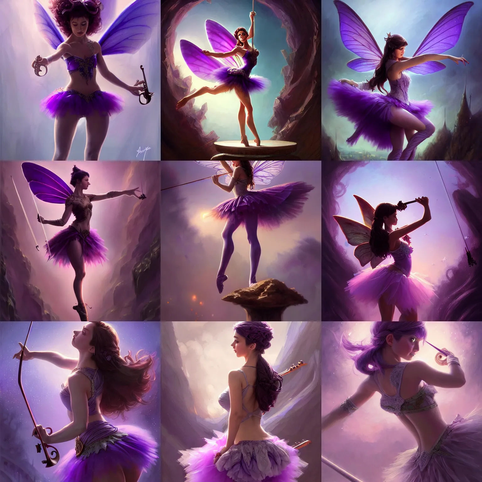 Prompt: fantasy, standing on top of a violin, d & d, wearing purple romantic tutu, art by artgerm and greg rutkowski and magali villeneuve, illustration, brunette fairy woman stretching, highly detailed, trending on artstation, sharp focus, concept art, digital painting, intricate details, savannah artifacts