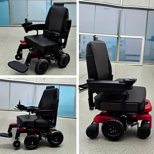 Image similar to a cyberpunk electric wheelchair with a computer stand