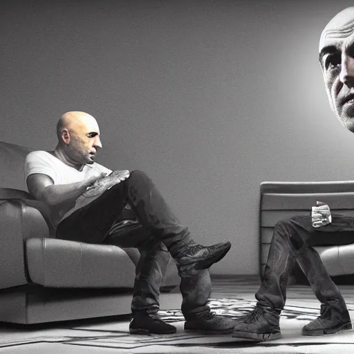 Image similar to joe rogan interviewing an inter - dimensional dmt alien, octane render