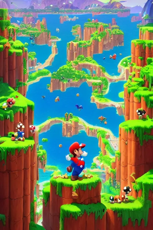 Image similar to epic landscape of super mario world stylized as fornite style game design fanart by concept artist gervasio canda, behance hd by jesper ejsing, by rhads, makoto shinkai and lois van baarle, ilya kuvshinov, rossdraws global illumination radiating a glowing aura global illumination ray tracing hdr render in unreal engine 5