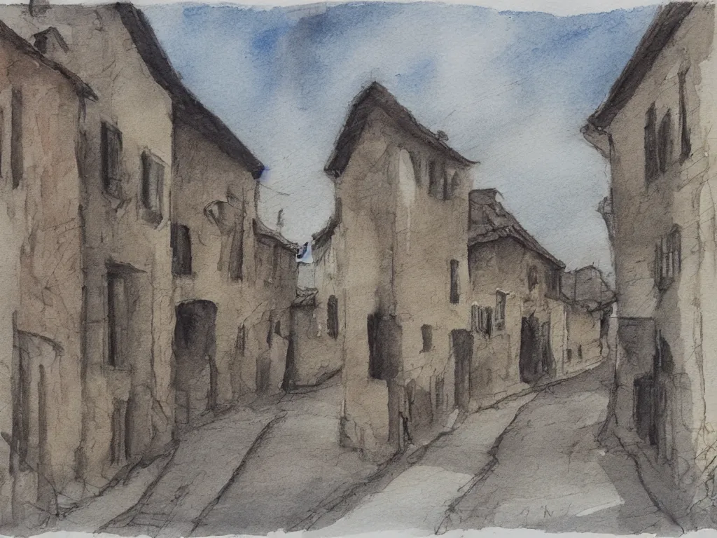 Prompt: a street in a old small village, pencil and watercolor