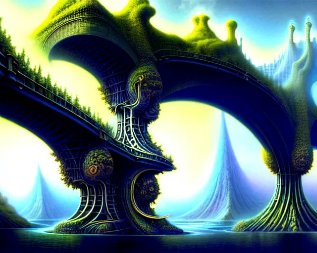 Image similar to street view of a bridge being held up by two handsl, fantasy landscape made of fractals facing each other, ultra realistic, wide angle, intricate details, the fifth element artifacts, highly detailed by peter mohrbacher, hajime sorayama, wayne barlowe, boris vallejo, aaron horkey, gaston bussiere, craig mullins