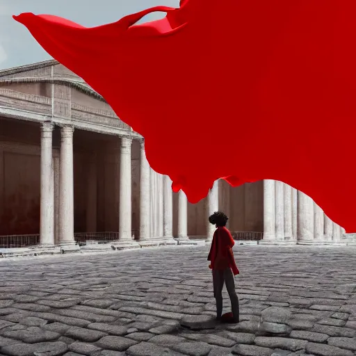 Image similar to a figure covered by red cloth that's blowing in the wind standing in a beautiful roman city, digital art, concept art, cloth simulation with houdini, octane, redshift, 8 k