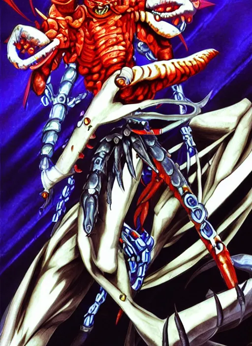 Image similar to shin megami tensei art of a demon called mi - go, crustacean, art by kazuma kaneko, ( ( ( ( ( ( ( ( ( ( human ) ) ) ) ) ) ) ) ) ) demonic! compedium!, digital drawing, white background, high quality, highly detailed