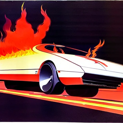 Image similar to concept art for a car with flame throwers, painted by syd mead, high quality