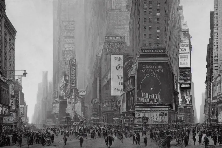 Image similar to 1880s new York city times square, with an open portal to the future new York same street, extremely realistic, 8k, matte painting