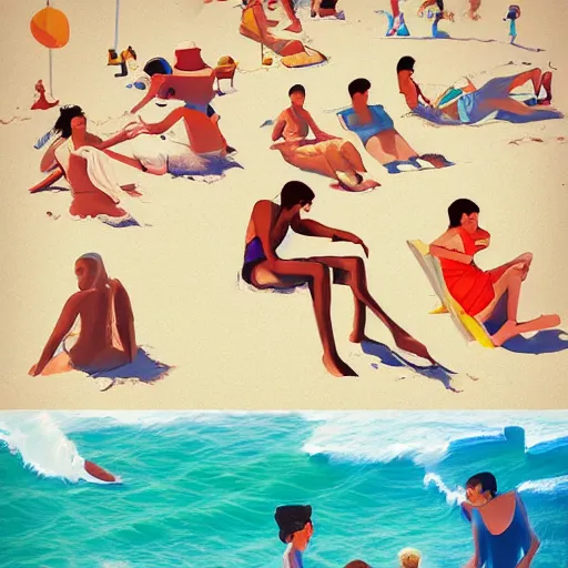 Prompt: a Illustration of people playing on the beach in summer by Joanne Ho ​​​Trending on artstation.