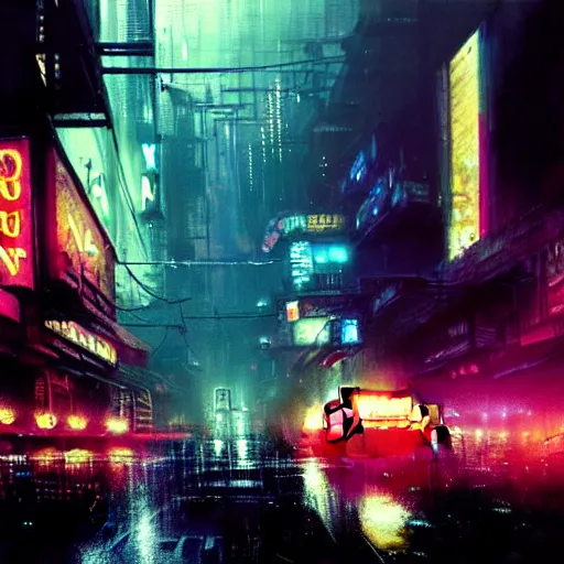 Prompt: photo of a rundown seedy futuristic city scene at night with bright neon lights, raining, bladerunner, sci fi splash art by craig mullins, greg rutkowski