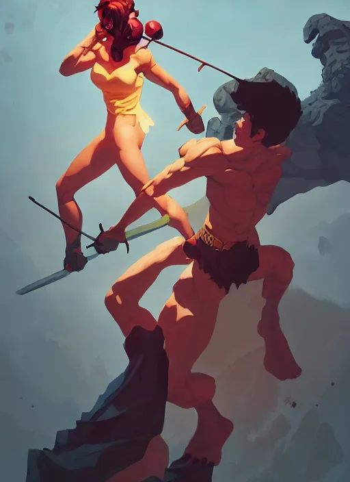 Prompt: david fighting against goliath, heroic, glorious, in the style of artgerm, gerald brom, atey ghailan and mike mignola, vibrant colors and hard shadows and strong rim light, plain background, comic cover art, trending on artstation