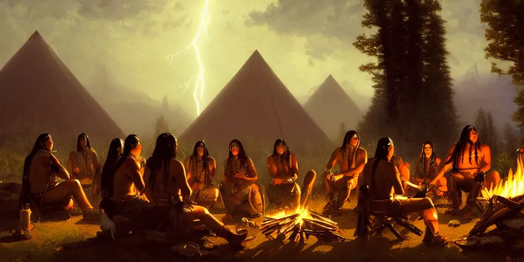 Prompt: a group of some native americans and their cyborgs sitting together at a fire in front of some tipis, beatiful mountain background, cyberpunk, by albert bierstadt, by greg rutkowski, highly detailed, warm lightning, digital painting