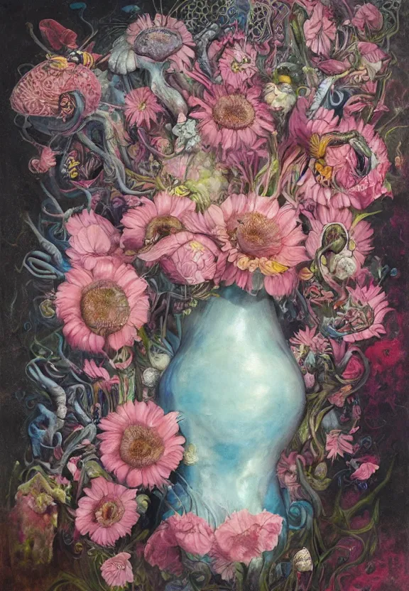 Prompt: a biomorphic painting of a vase with flowers and eyeballs in it, a surrealist painting by marco mazzoni, by dorothea tanning, pastel blues and pinks, bees, featured on artstation, metaphysical painting, oil on canvas, fluid acrylic pour art, airbrush art, seapunk, rococo, lovecraftian