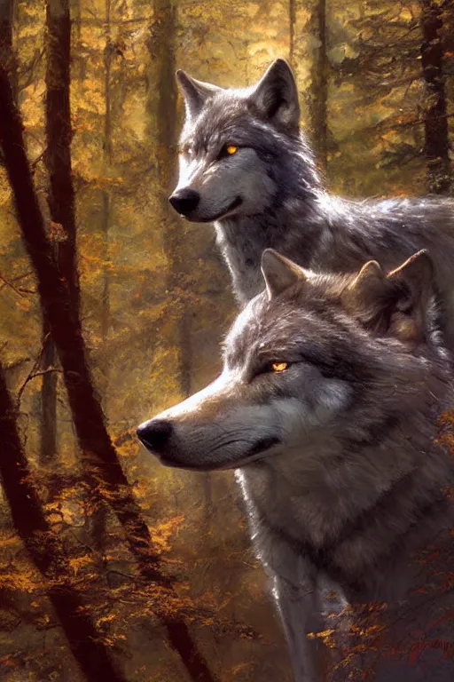 Image similar to spiritual twin flame wolf art, forest hue, highly detailed, oil painting, by craig mullins