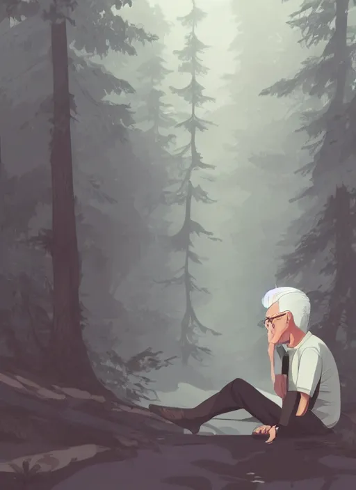 Prompt: an old man with white hair sits peacefully in a misty forest. clear detailed face. clean cel shaded vector art. shutterstock. behance hd by lois van baarle, artgerm, helen huang, by makoto shinkai and ilya kuvshinov, rossdraws, illustration, art by ilya kuvshinov