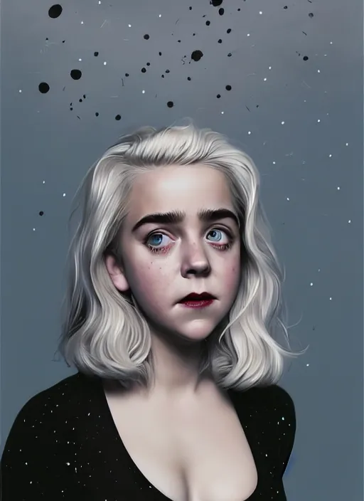 Image similar to full body portrait, kiernan shipka as sabrina spellman, white hair, obese, bangs, sultry, realistic, sultry smirk, fluffy bangs, freckles, fat, belly, intricate, elegant, highly detailed, digital painting, artstation, concept art, smooth, sharp focus, illustration, art by wlop, mars ravelo and greg rutkowski