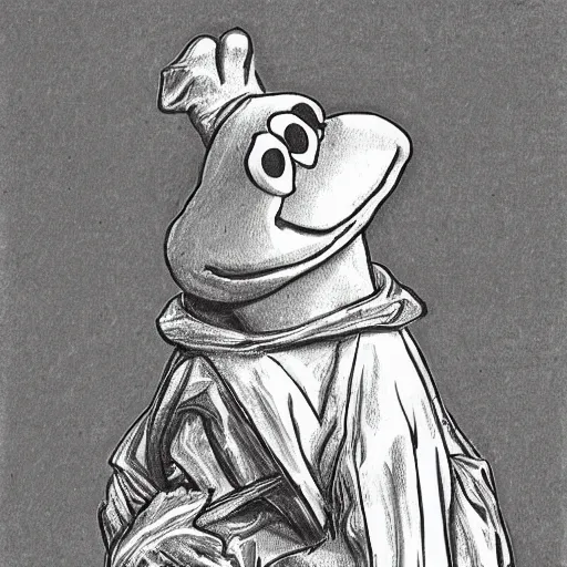 Image similar to Kermit the Frog from Sesame Street by Gustave Dore, full body grayscale drawing