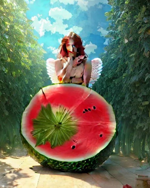 Image similar to an angel living inside a giant watermelon, watermelon house, posing, highly detailed, digital painting, artstation, concept art, smooth, sharp focus, illustration, art by artgerm and greg rutkowski and alphonse mucha