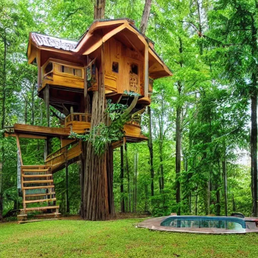 Prompt: treehouse with pool in forest