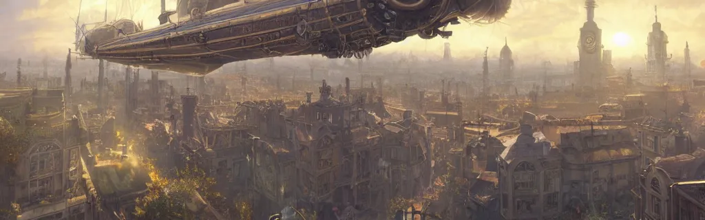 Prompt: a steampunk airship flying over a victorian city. 8 k, epic cinematic hyperrealism masterpiece. realistic poster with shaded lighting by craig mallismo, artgerm, jeremy lipkin and michael garmash, unreal engine, radiant light, detailed and complex environment, digital art, art station trends, detailed, lens flare, motion blur