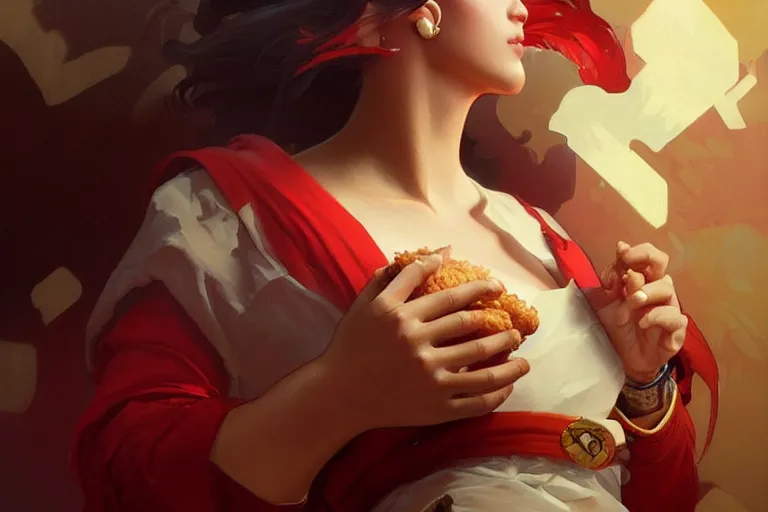 Image similar to kfc chicken, portrait, elegant, intricate, digital painting, artstation, concept art, smooth, sharp focus, illustration, art by artgerm and greg rutkowski and alphonse mucha