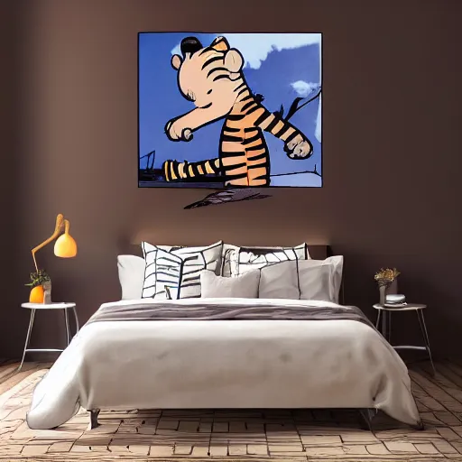 Image similar to calvin and hobbes, calvin as an adult, modern bedroom, nostalgia, high definition ultra realistic quality